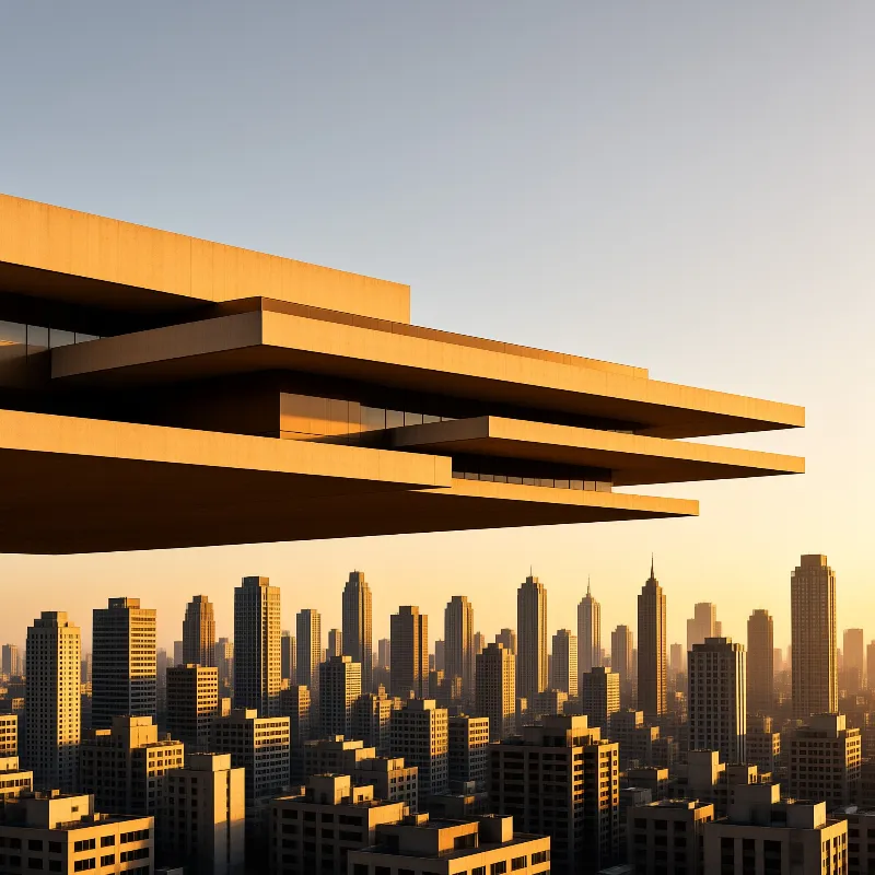 A layered concrete cantilever structure dominates the foreground against a dense cityscape of tall towers bathed in warm sunlight with a clear gradient sky transitioning from blue to golden orange.