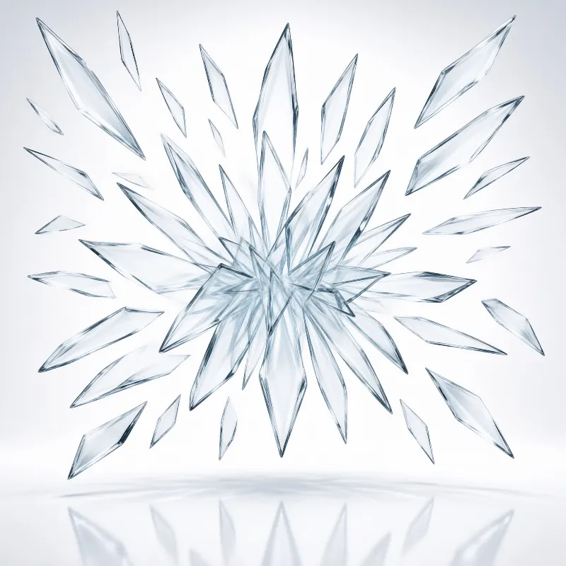 Sharp translucent blue shards radiate outward from a central point above a glossy reflective surface.