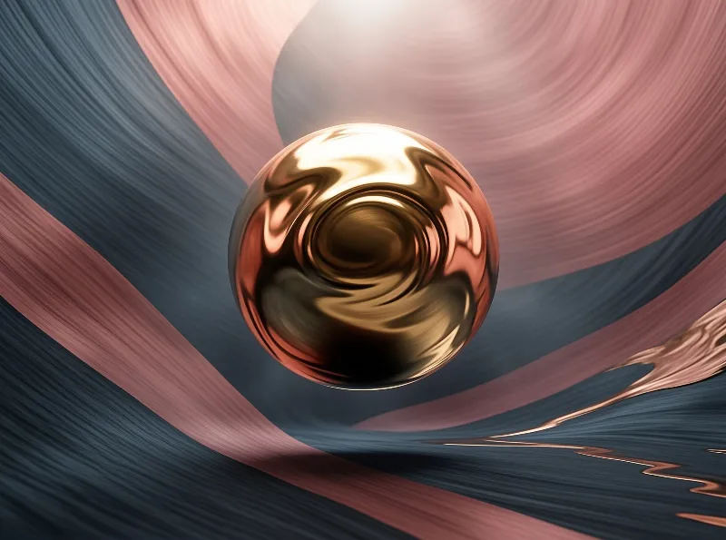 A reflective metallic orb floats centrally against a backdrop of swirling dark blue and soft pink flowing textures.