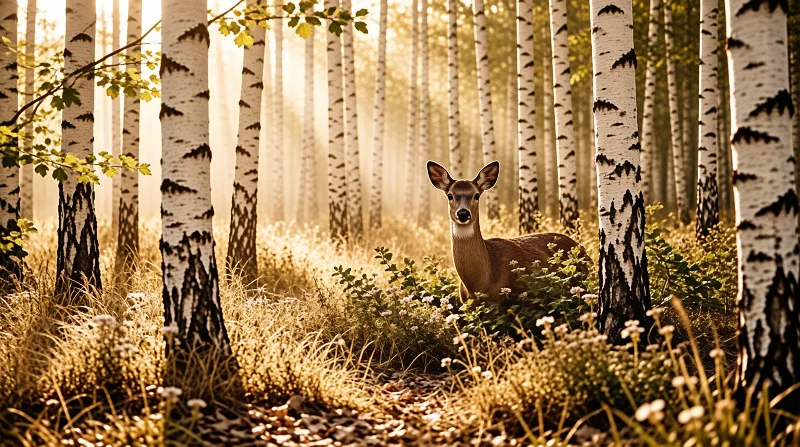A deer looks forward from within a sunlit birch grove surrounded by green undergrowth and pale blossoms.
