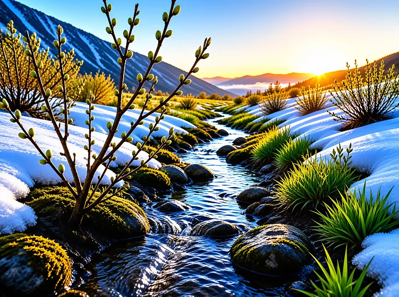 Sunset over Snowy Stream