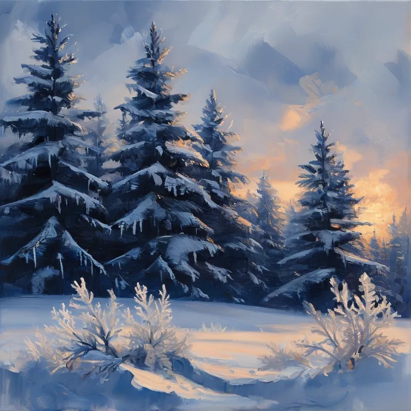 Heavy snow clings to tall pine branches that catch warm orange light while frosted shrubs stand in the blue foreground