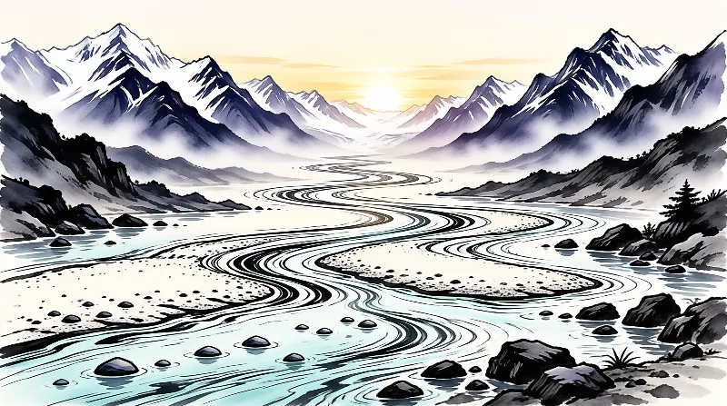 A stylized landscape shows a winding river flowing between rocky shores and distant snow-covered peaks under a bright sky.