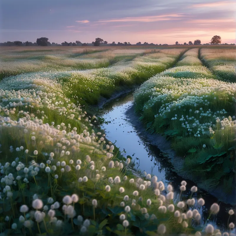A winding stream cuts through rolling hills of white cotton grass under a soft pink and blue twilight sky.