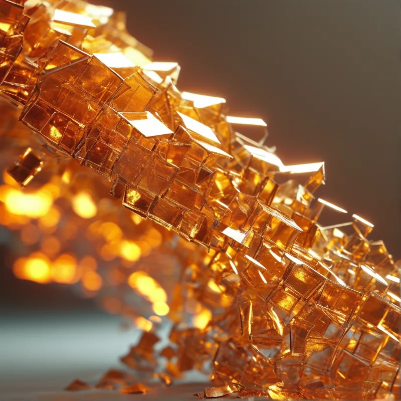 A curved structure made of translucent amber blocks glows warmly against a blurred dark background with soft bokeh lights.