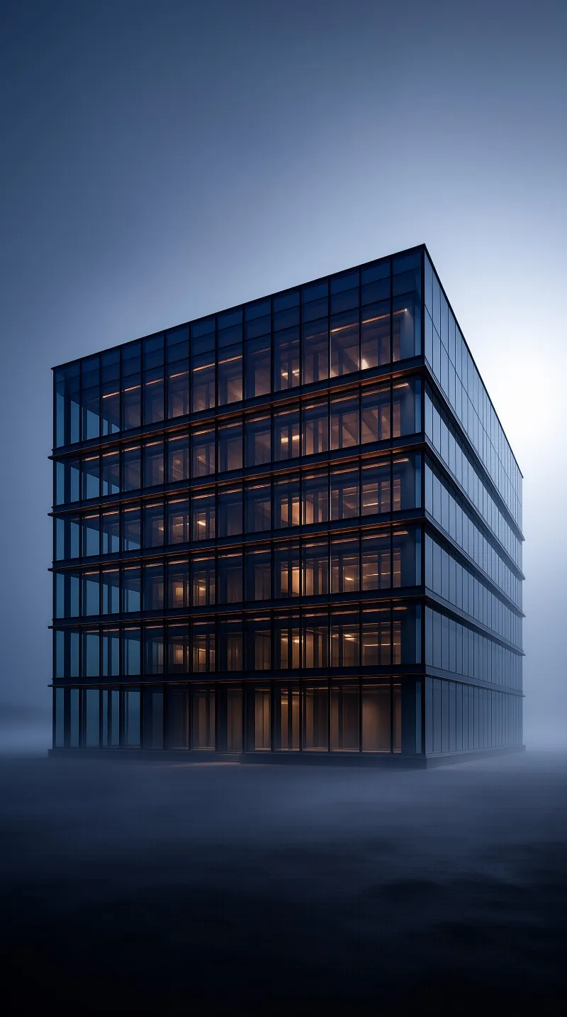 A modern glass office building glows with warm interior light against a foggy blue night sky.