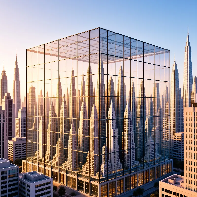 A transparent glass volume houses a dense cluster of art deco towers within a hazy sunrise cityscape.