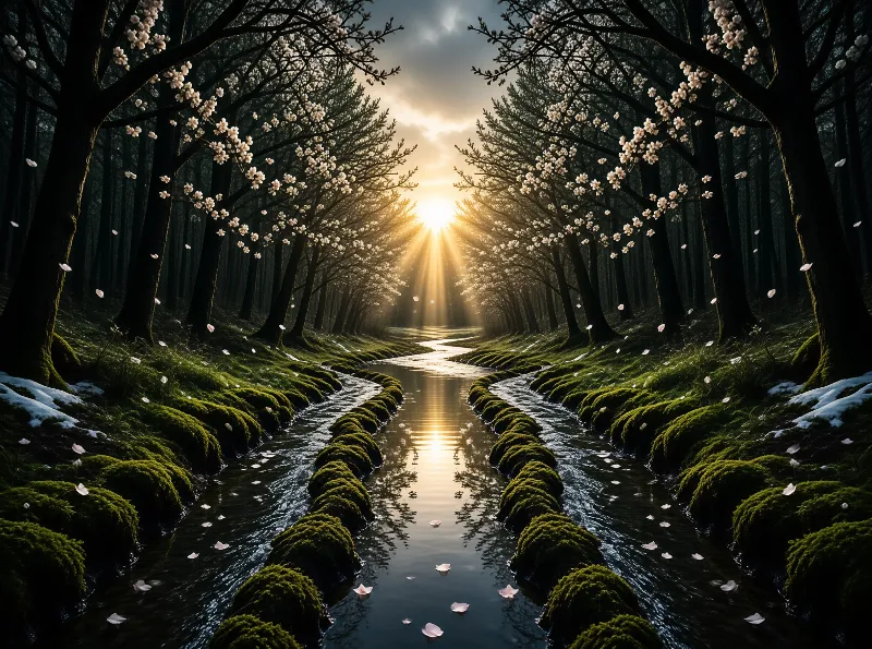 A winding stream flows through a forest of flowering trees with sunlight breaking through the canopy.
