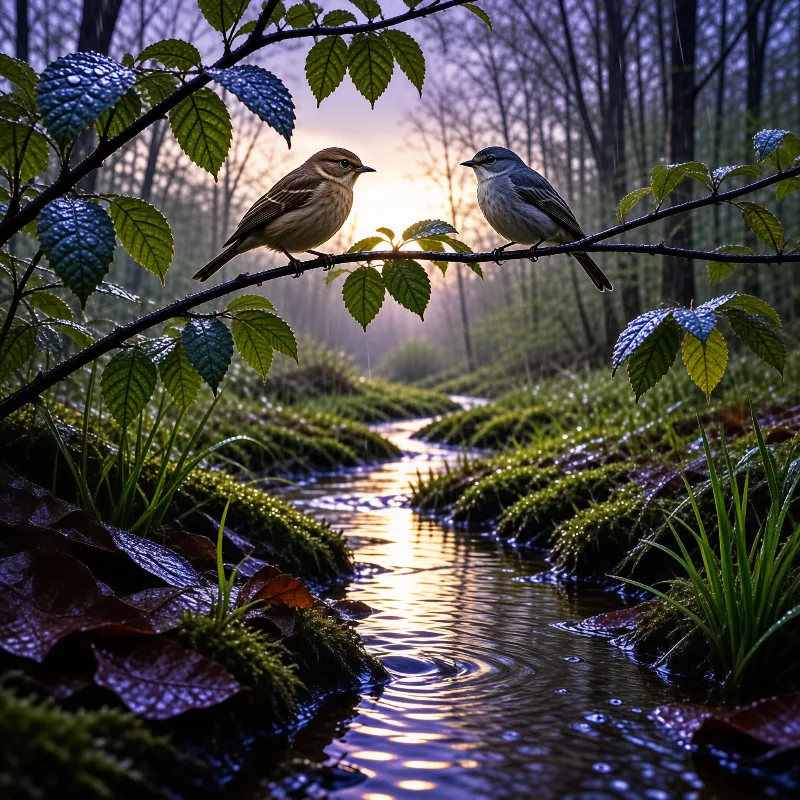 Two small birds perch on a wet branch above a stream reflecting golden sunlight in a misty forest.