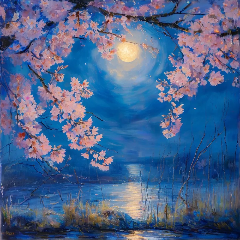 Pink cherry blossoms frame a luminous full moon reflecting on calm water beneath a deep blue night sky