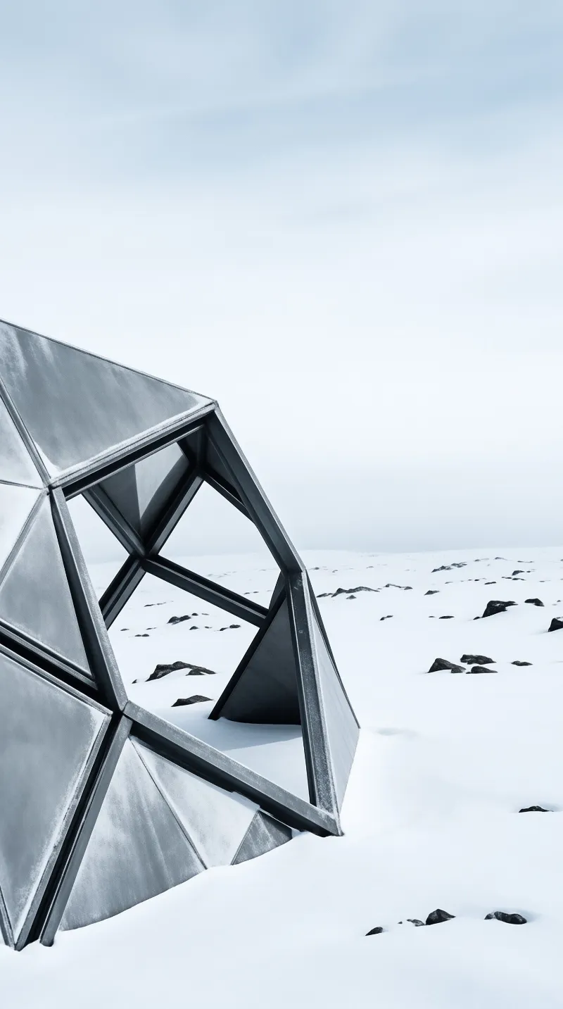 A long glass wall framed by slim metal posts runs across an open snowfield, casting long shadows toward a soft sunset.
