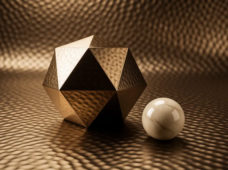 Metallic polyhedron and marble sphere on a woven surface with golden light.