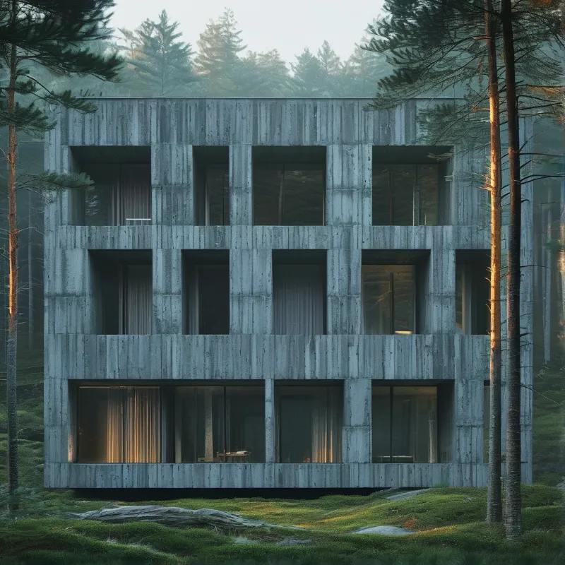 Concrete building with windows stands among pines in a misty forest with warm light glowing from the ground floor.