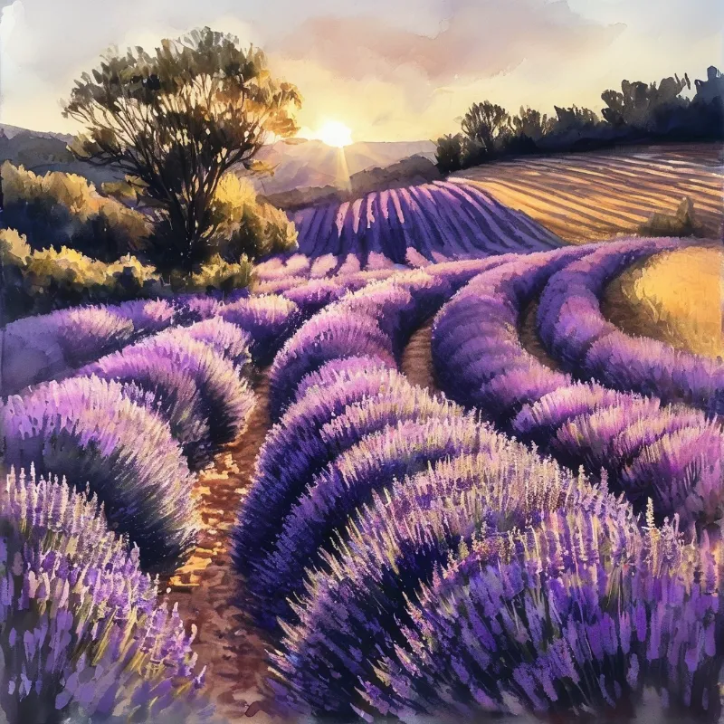 Winding rows of purple lavender flowers stretch across rolling hills illuminated by the warm golden glow of a setting sun.