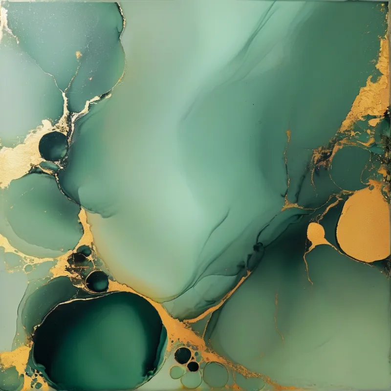 Swirling turquoise liquid art displays deep teal pools and metallic gold veins across a smooth surface.