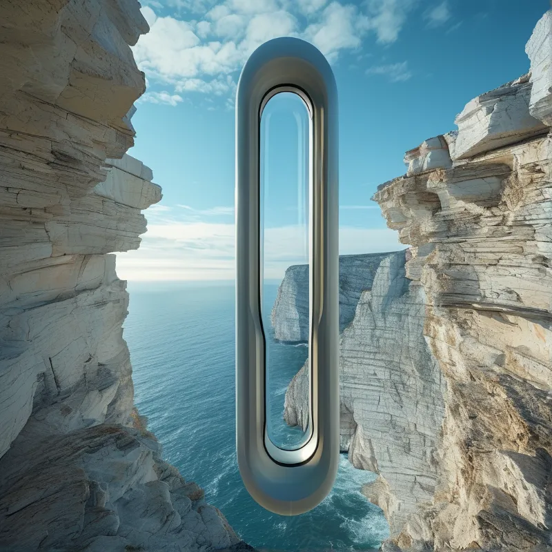 A grey oval frame floats vertically amidst towering white chalk cliffs overlooking a calm blue ocean under a bright sky.