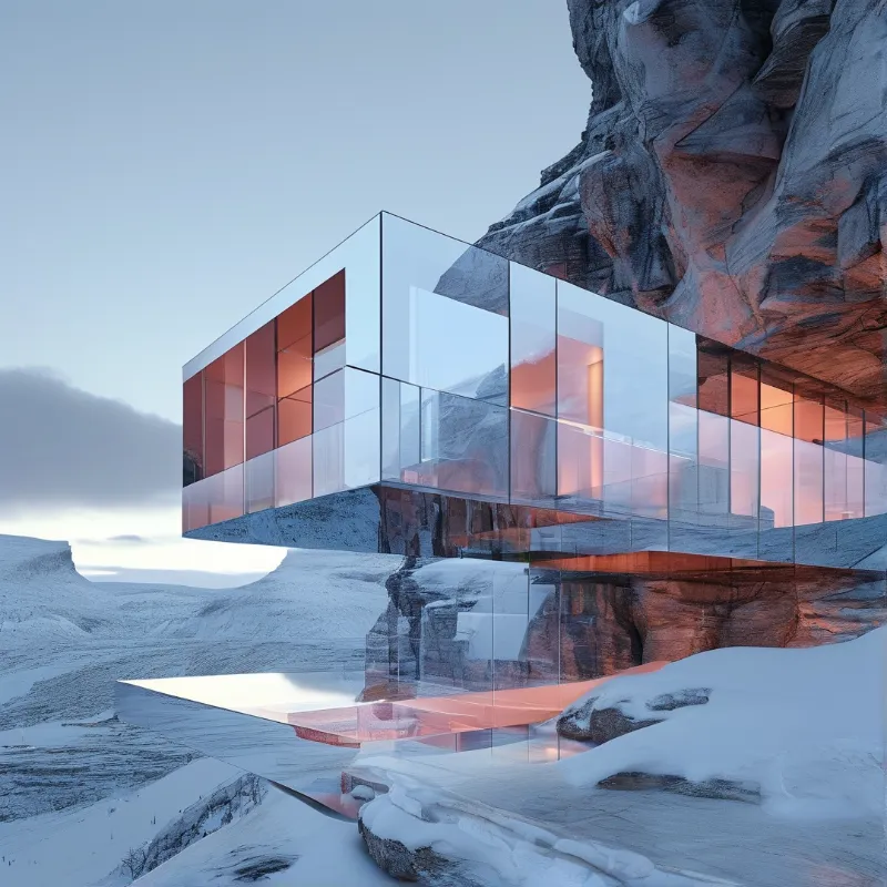 A transparent cubic room projects from a rugged rock wall above deep snow, its inner lights glowing amber in cold dusk.