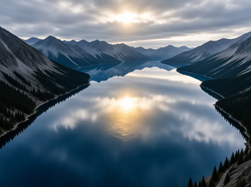 A still mountain lake reflects a bright sun and layered clouds between steep conifer lined slopes and rocky peaks