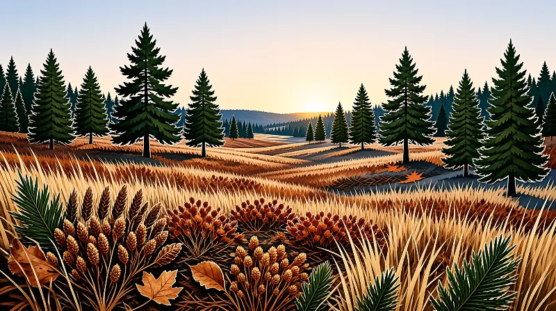 Tall evergreen trees stand among rolling hills of golden autumn grass and fallen maple leaves under a soft sunset glow.