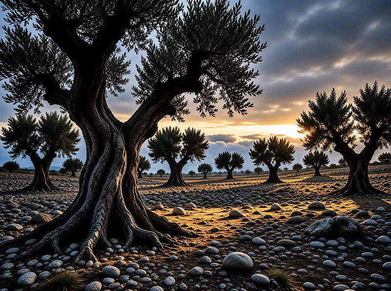 Gnarled olive trees stand on a pebbly ground as the sun sets behind distant hills casting long shadows.