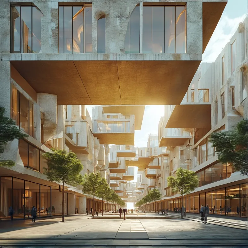A futuristic city street featuring stacked concrete buildings and trees bathed in warm golden light.