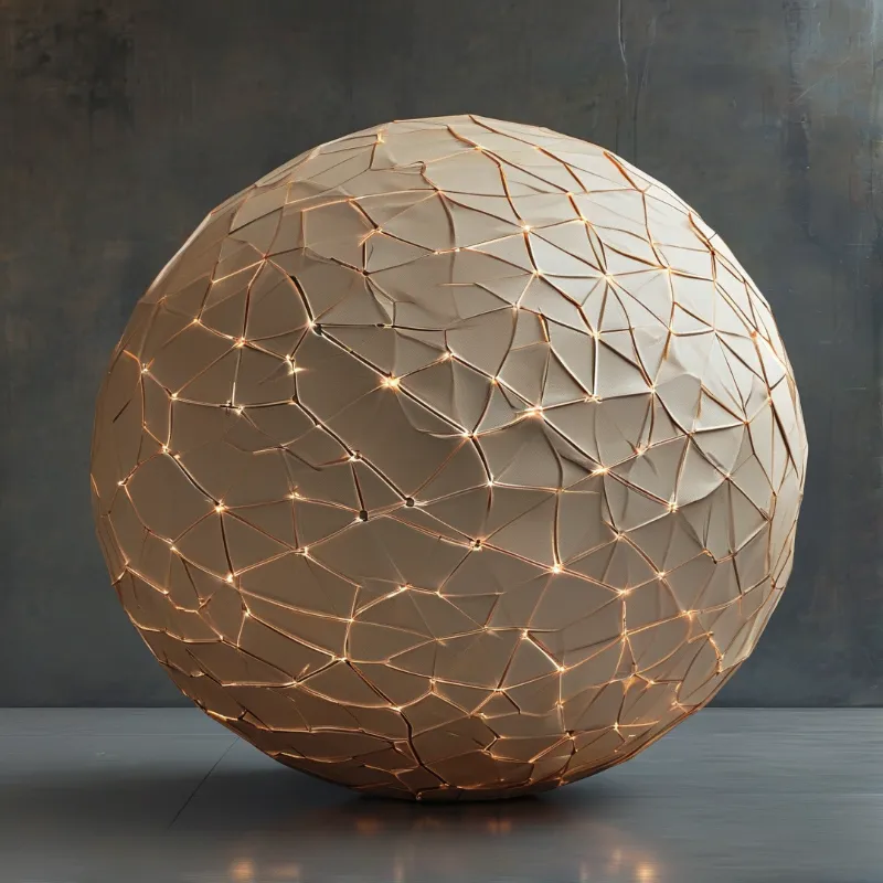 A large faceted sphere sculpture stands against a dark wall with warm light shining from its vertices.