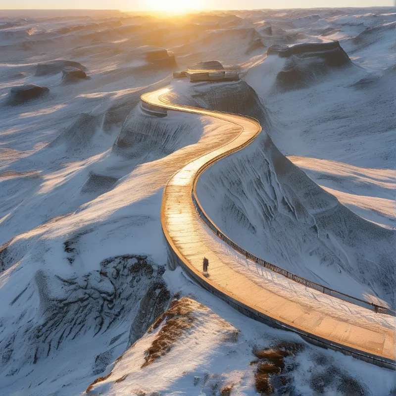 A long timber walkway snakes across frozen ridges toward a low sun, its rails throwing narrow shadows on the snow.