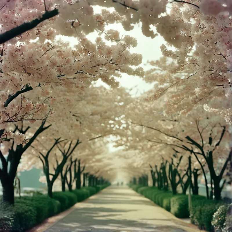Rows of blooming cherry trees create a pink canopy over a straight walkway lined with green hedges.