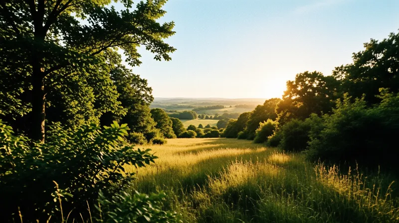 Sunlight illuminates a wide green meadow framed by dark trees on both sides leading to distant rolling hills.