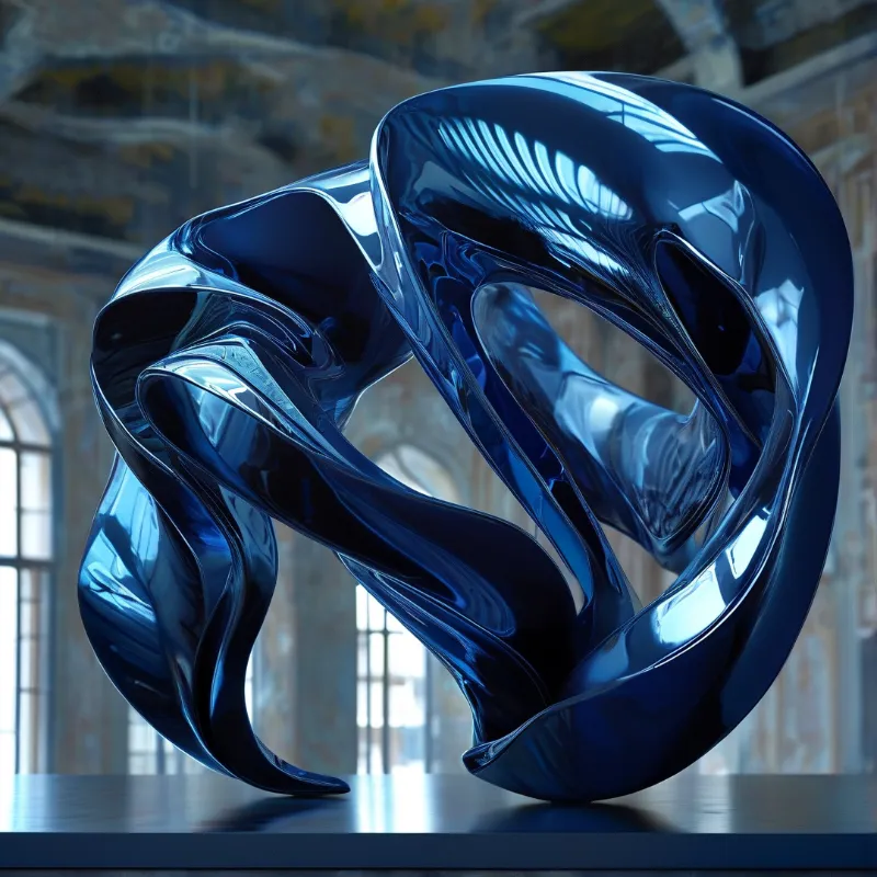 A glossy blue abstract sculpture rests in a sunlit hall with large arched windows and stone walls.