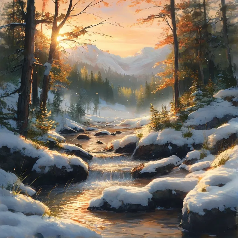A river winds through a snowy forest with golden sunlight streaming between trees toward snow capped mountains.
