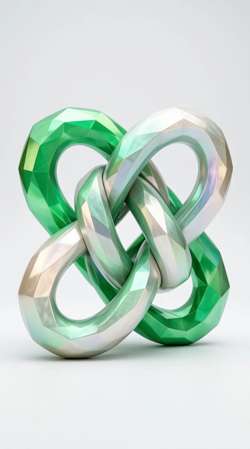Two interwoven faceted loop forms in emerald and shimmering pearl white float over a pale gray studio ground.