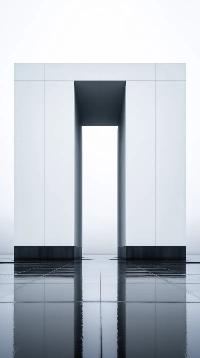 A tall white gateway with a narrow rectangular opening stands in fog, mirrored on the glossy dark tile floor.