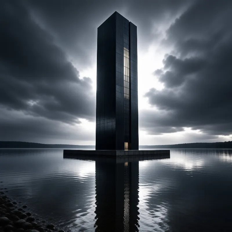 A dark rectangular monolith structure stands centered on calm lake water, its single vertical slit emitting warm light against heavy grey storm clouds.