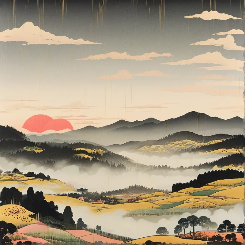 Layered hills and mountains beneath a cloudy sky with a prominent red sun