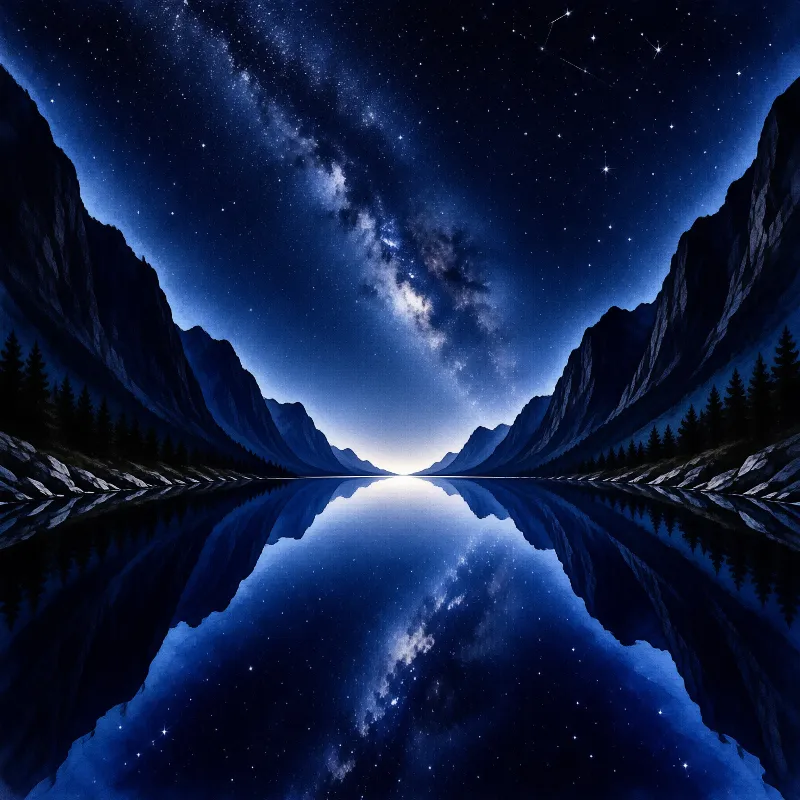 A deep blue night sky featuring the Milky Way is mirrored in a calm lake surrounded by dark mountain ranges.