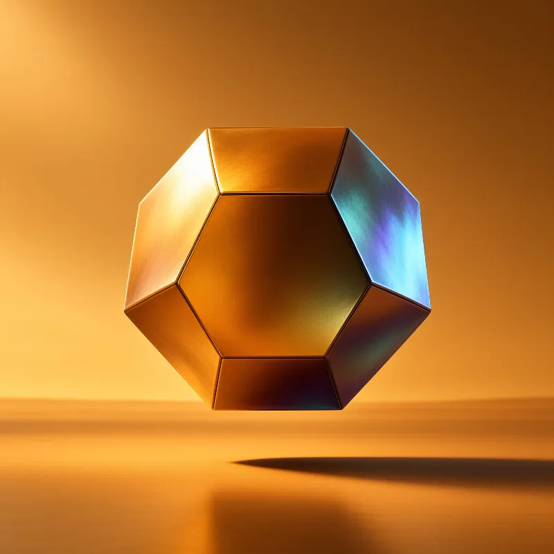 A metallic dodecahedron floats above a sandy surface with gold and blue faces under warm lighting.