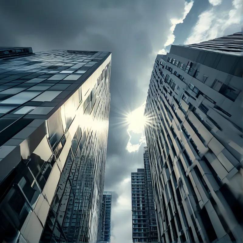 Sun Behind Glass Skyscrapers
