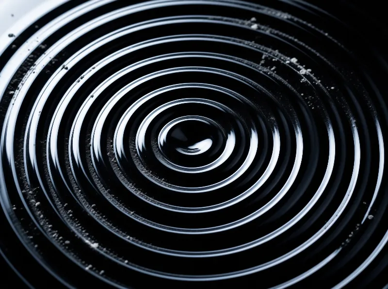 A water drop rests on a black surface, creating silvery concentric ripples that reflect light amidst scattered tiny specks.