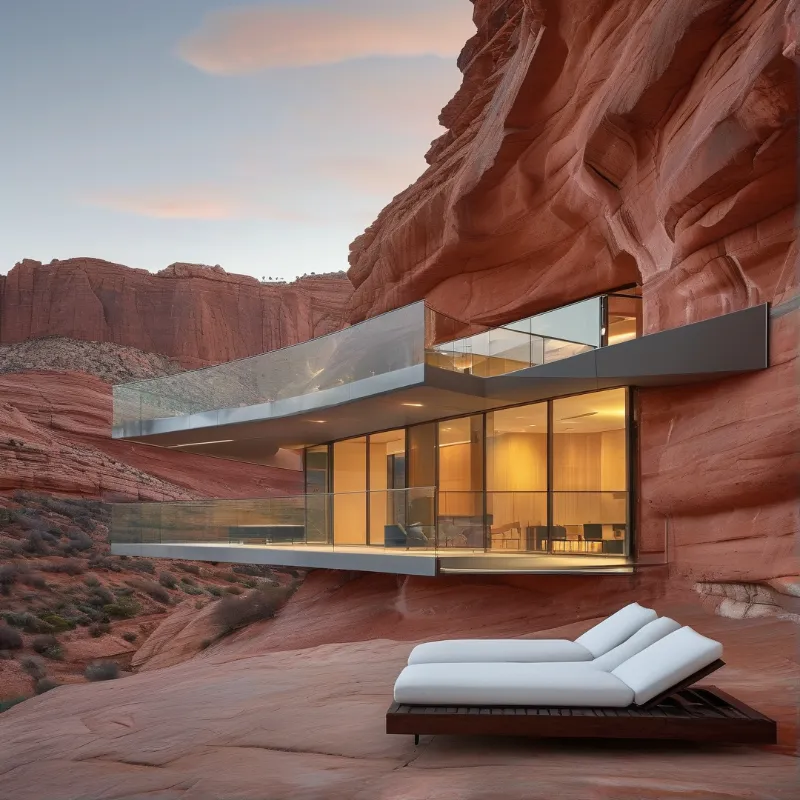 Residence with vast glass walls extends from red rock cliffs as warm indoor lighting contrasts with fading sunset hues.