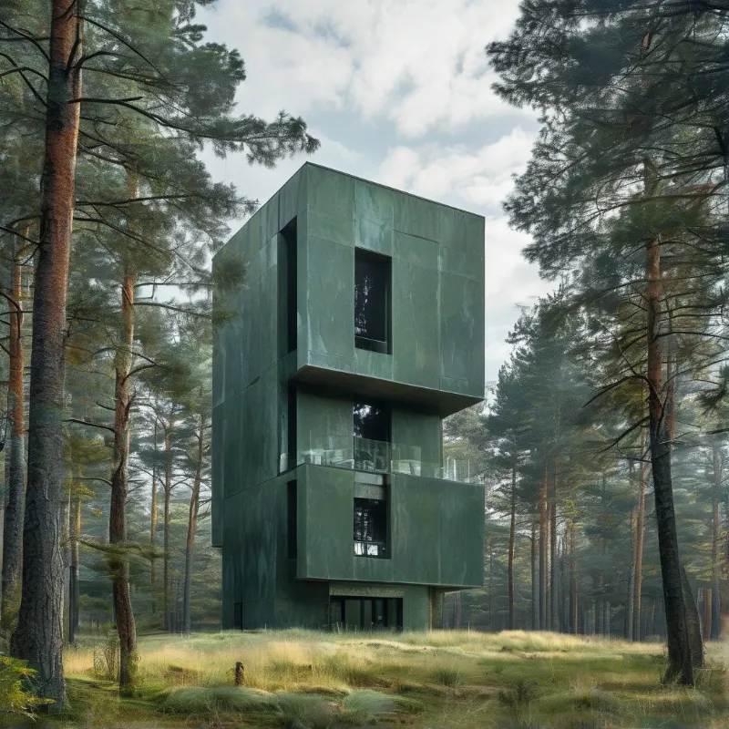 A sleek green multi-story tower stands amidst tall pine trees under a cloudy sky with soft natural lighting highlighting its geometric design.