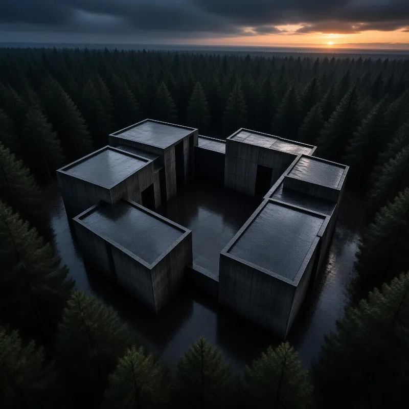 Aerial perspective of dark concrete blocks forming a courtyard amidst dense pine forest under an orange sunset sky