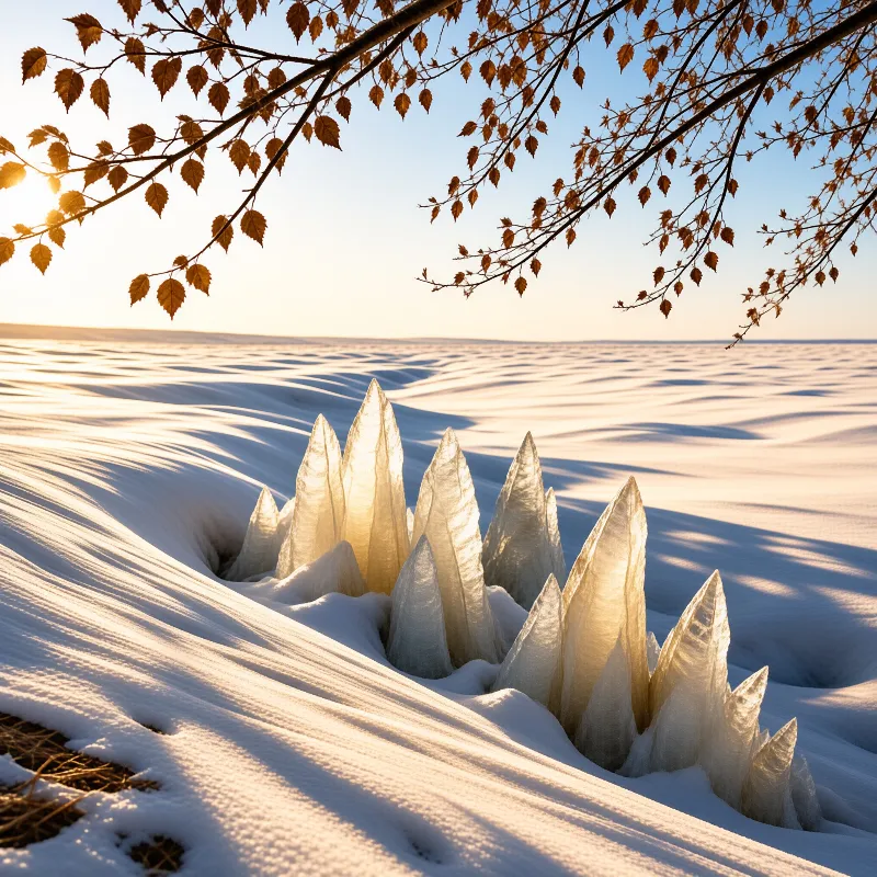 Transparent ice needles rise from a snowy field framed by autumn branches bathed in warm golden sunlight.