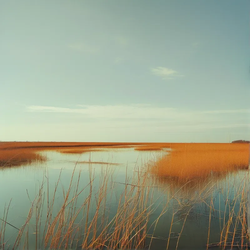 A tranquil wetland scene where golden reeds stand along still shallow waters beneath a clear expansive sky