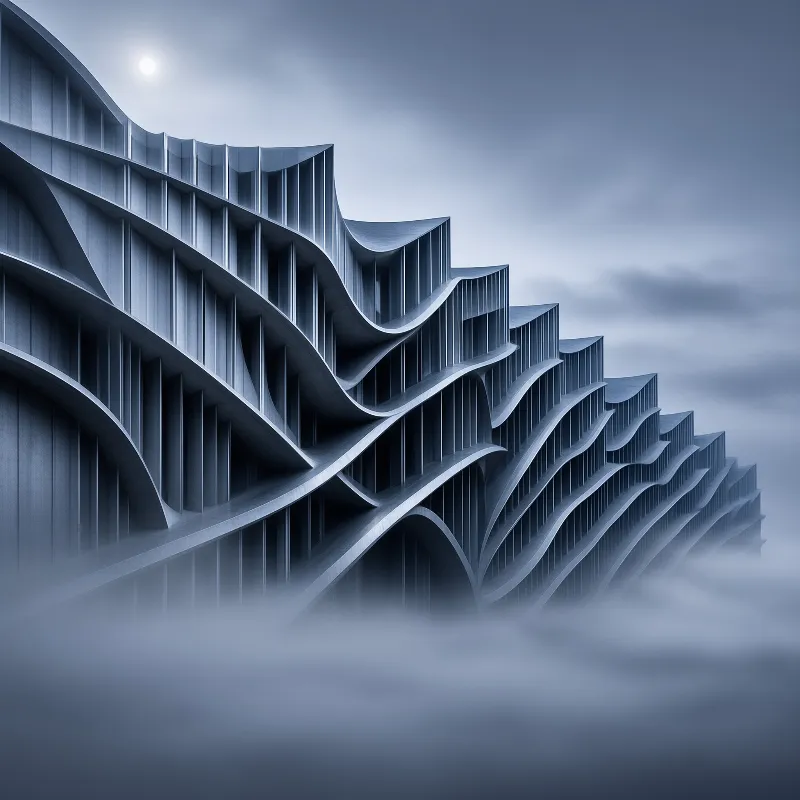 Layered waves of a pale parametric building climb into a cool sky while mist drifts across its base.