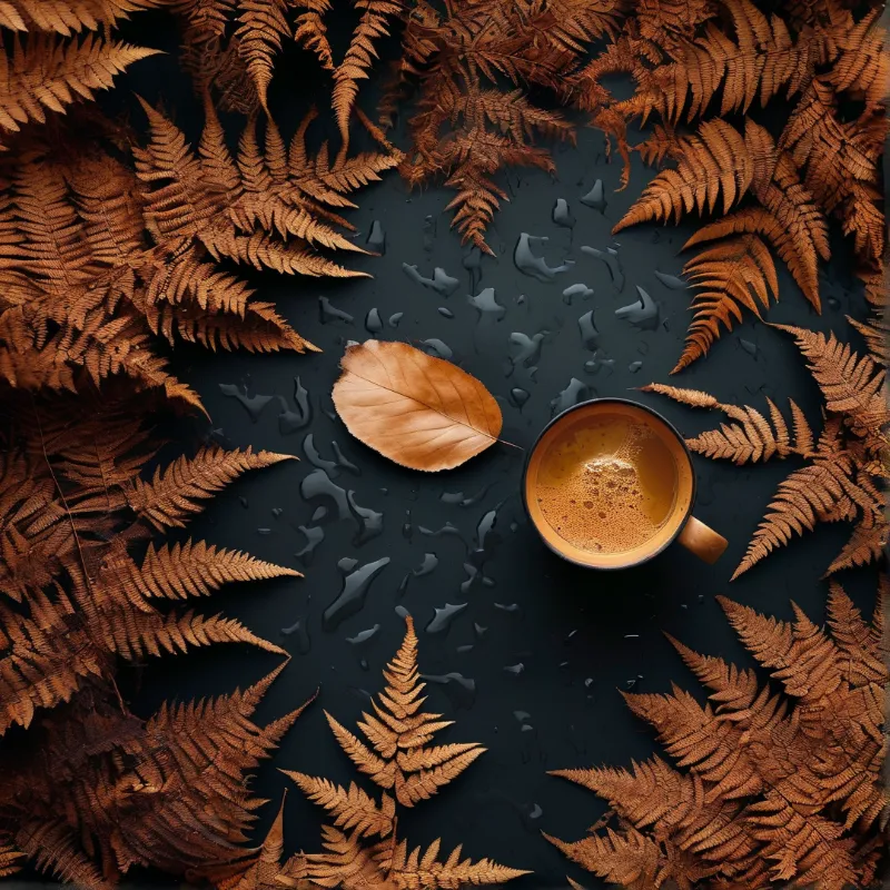 A top-down autumn scene of russet ferns around a cup of espresso, one beech leaf and scattered rain drops.