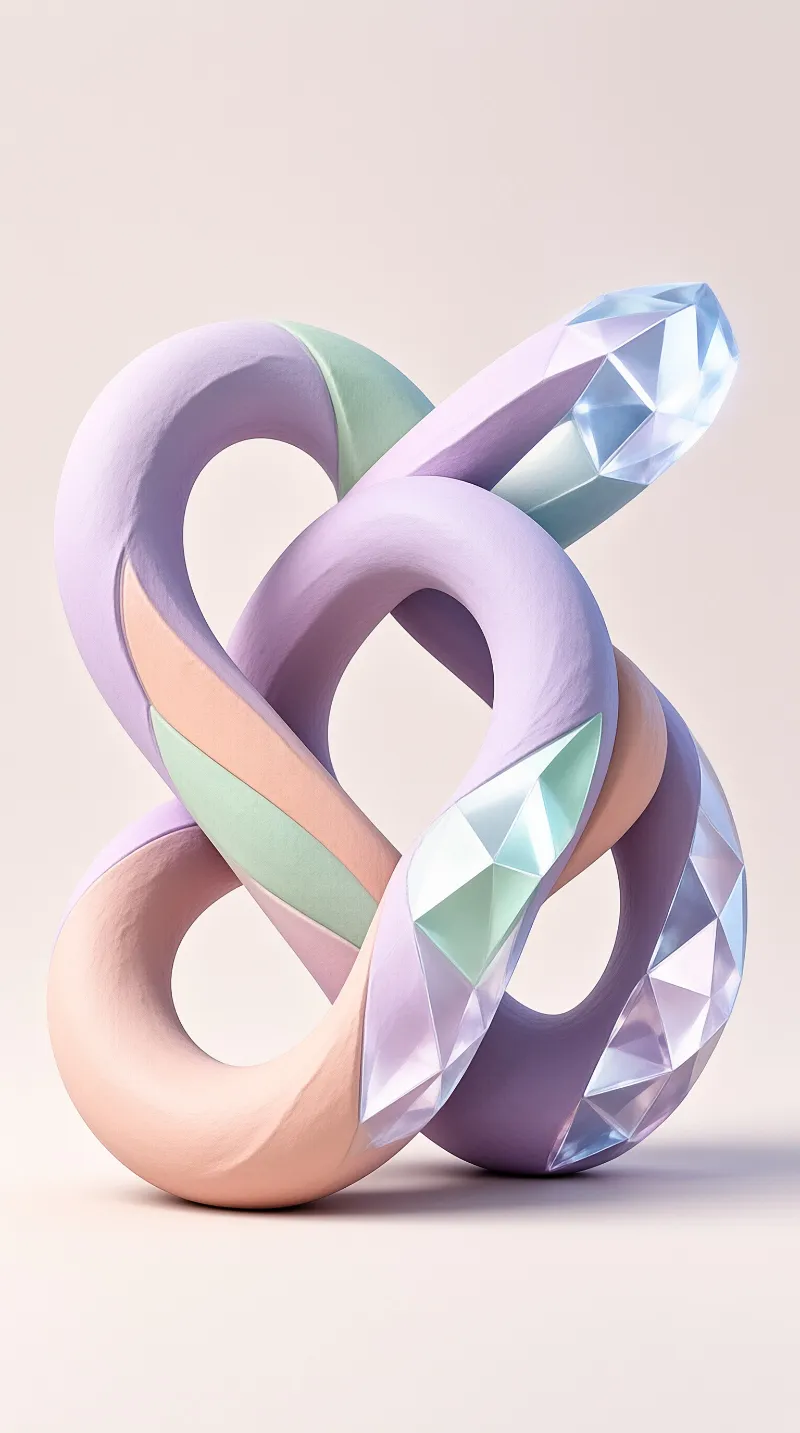 Smooth pastel knot interwoven with faceted crystal sections set against a neutral beige studio background.