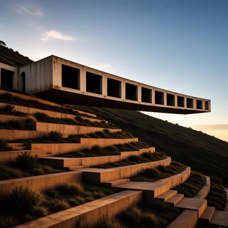 A long concrete cantilever building with square openings overhangs a terraced grassy slope at sunset under a pale blue sky