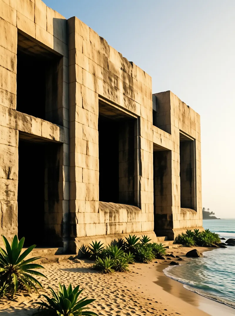 Weathered sandstone walls with tall rectangular openings stand on a sandy tropical shore with green plants at their base.
