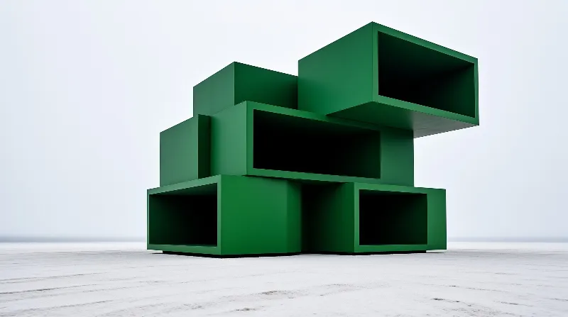 A cluster of hollow green rectangular forms sits isolated on a light textured surface beneath a uniform white sky.